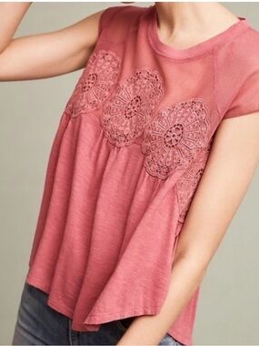 Anthropologie Meadow Rue Pink Mesh Lace Crochet Medallion Slub Knit Top XL NEW